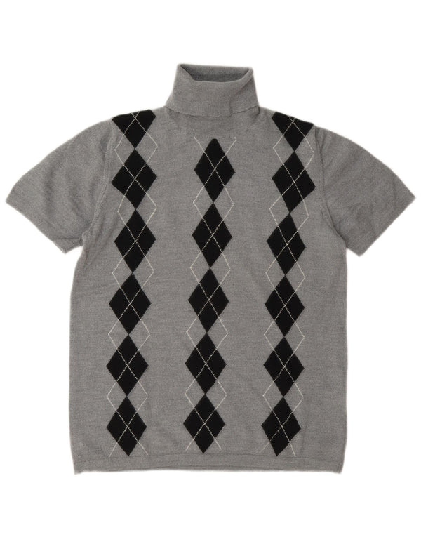 vintage Femme Roll Neck Jumper Pull UK 14 Moyen Gris Argyle/Diamant