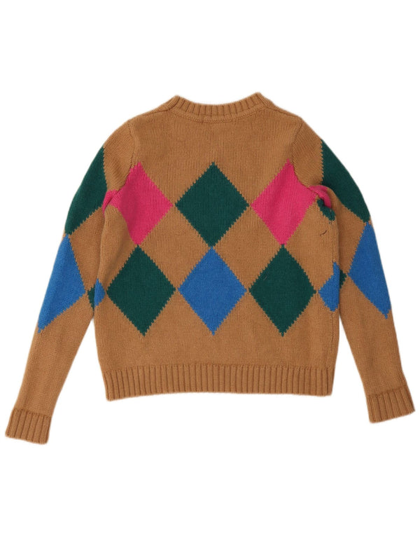 Boden Pull court à col rond pour femme UK 10 Petit Marron Argyle/Diamant