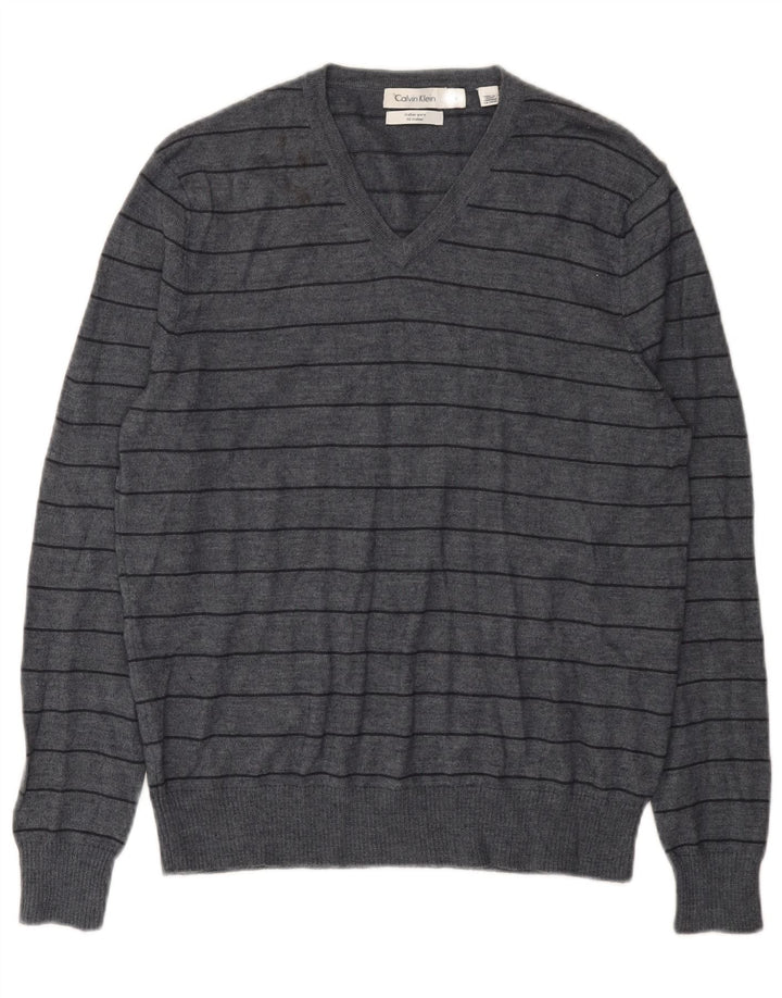 Calvin Klein Pull col V pour homme en laine mérinos rayée gris moyen