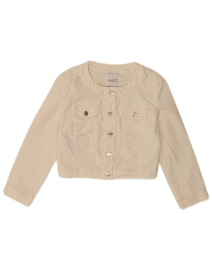 vintage Femme 3/4 Manches Crop Denim Veste IT 40 Petit Coton Blanc