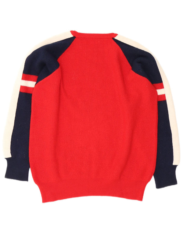 vintage Mens Crew Neck Jumper Pull Moyen Rouge Colourblock