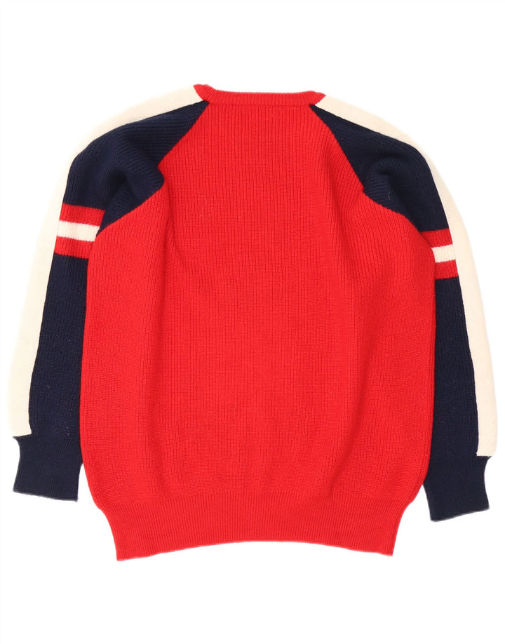 vintage Mens Crew Neck Jumper Pull Moyen Rouge Colourblock