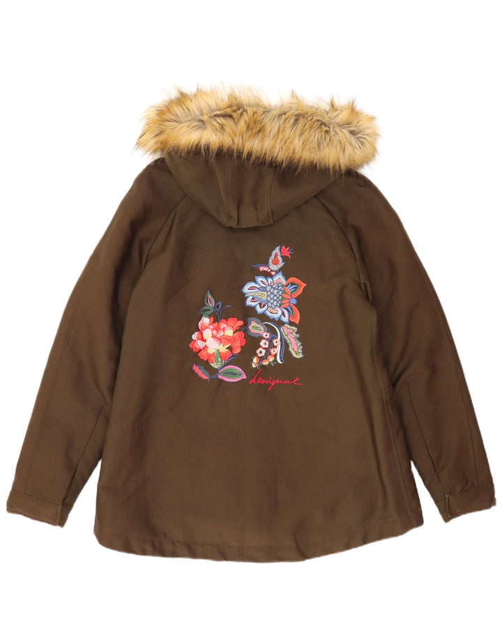Desigual Veste Parka À Capuche Graphique Femme EU 38 Coton Kaki Moyen