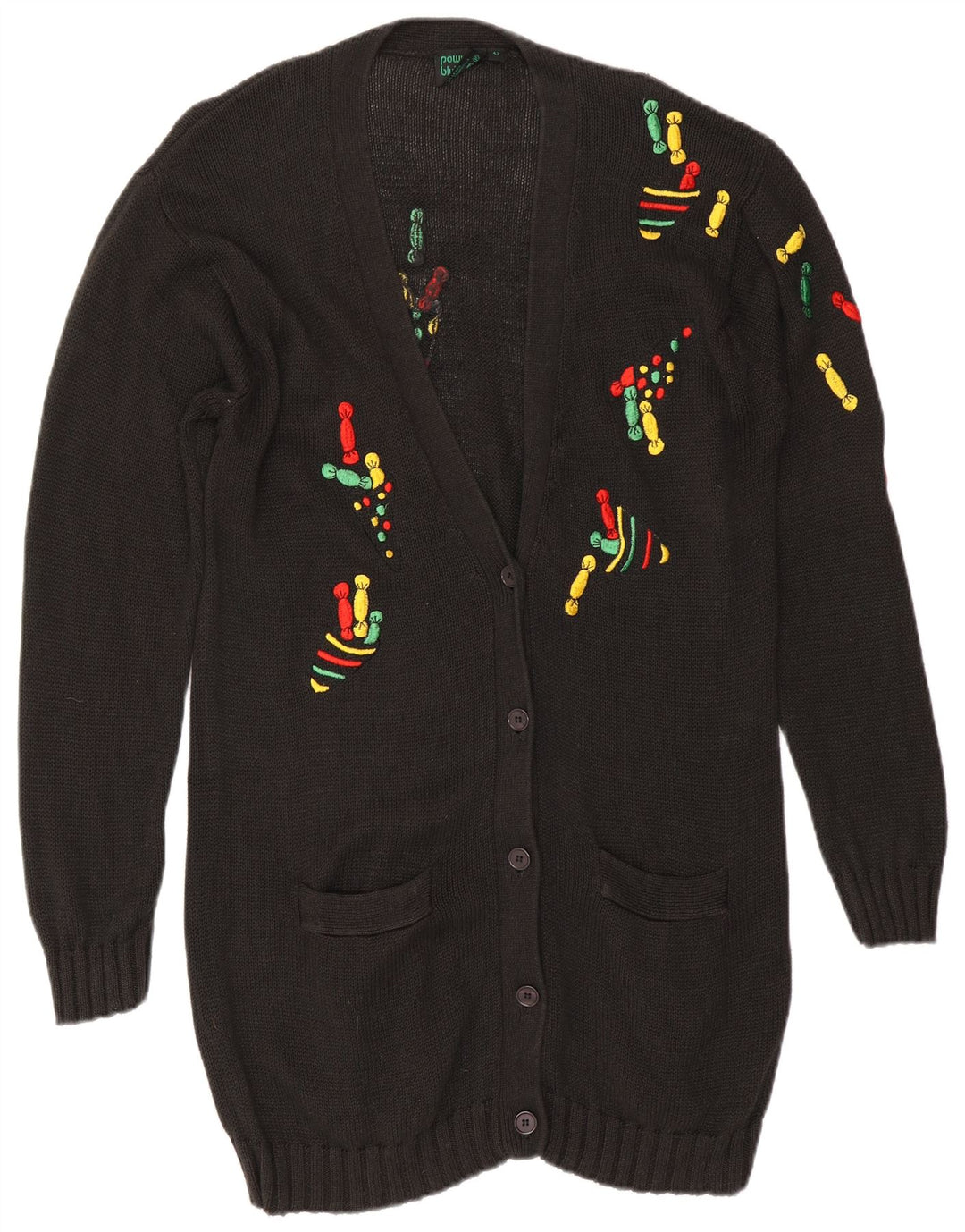 VINTAGE Femme Longline Cardigan Pull EU 42 Grand Noir