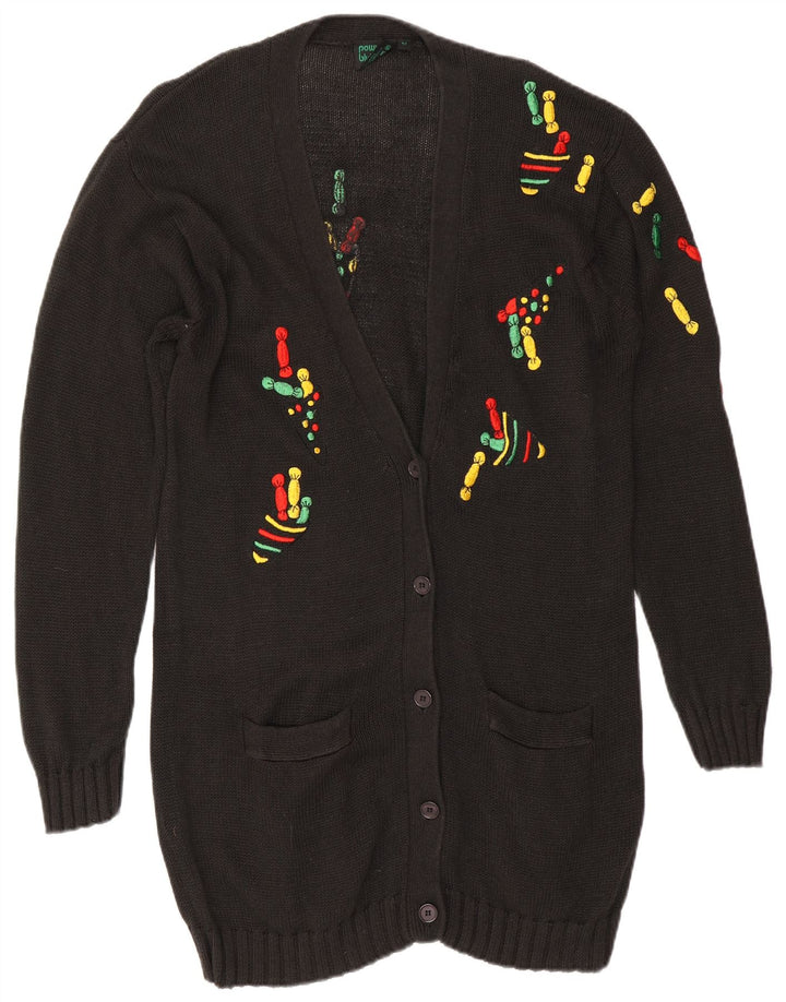 VINTAGE Femme Longline Cardigan Pull EU 42 Grand Noir