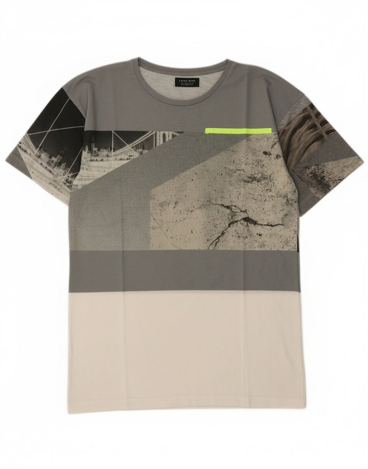 Zara Homme Graphic T-Shirt Top Small Gris Colorblock