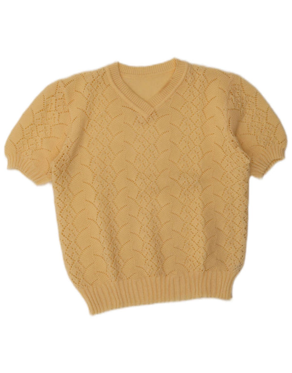 vintage Femme Manches Courtes Col V Pull Pull UK 14 Beige Moyen
