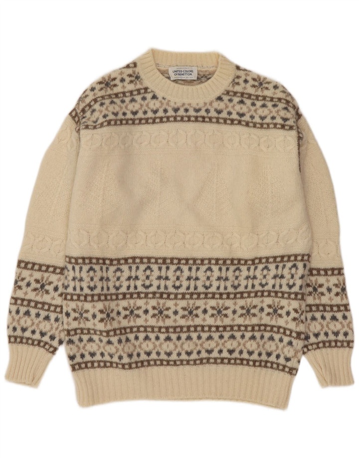 Benetton Pull à col rond pour homme en laine Fair Isle blanc cassé