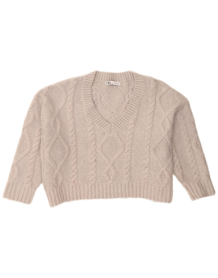 Zara Pull court surdimensionné à col en V pour femme UK 14 Gris moyen Acrylique