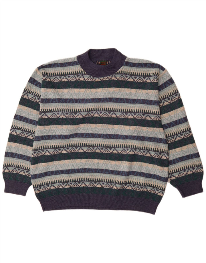 vintage Mens Turtle Neck Jumper Pull XL Bleu Marine Géométrique