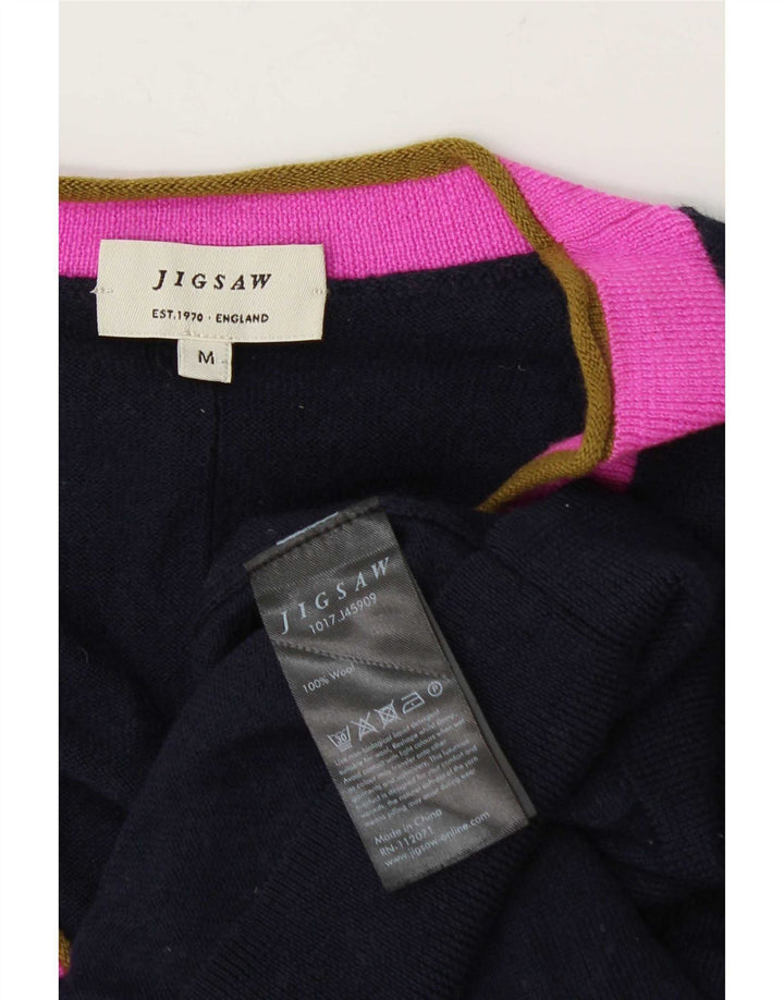 Jigsaw Cardigan Femme Pull UK 14 Moyen Bleu Marine Colorblock Laine