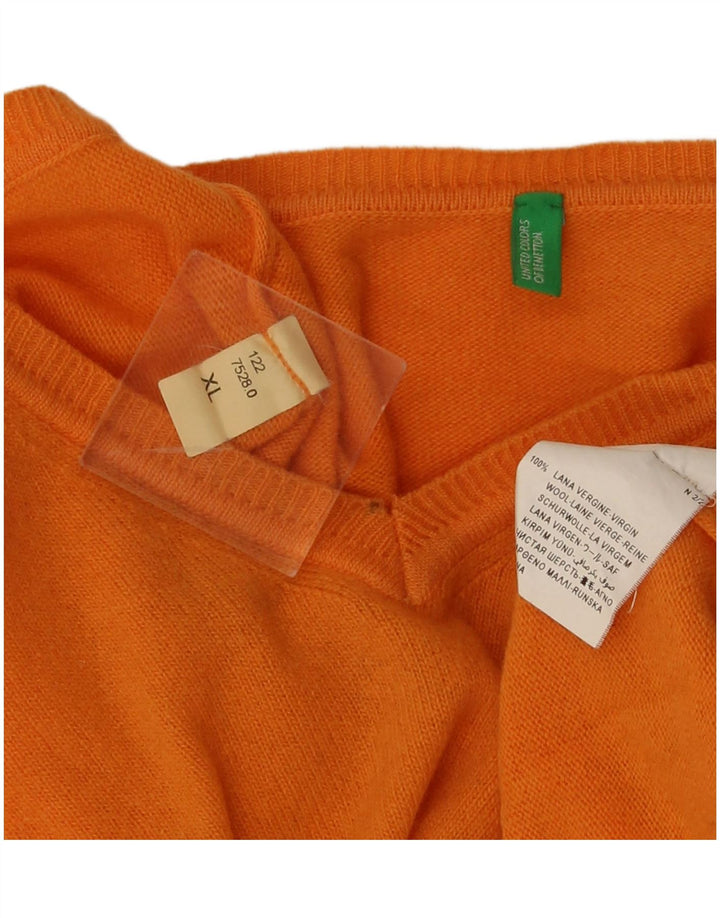 Benetton Pull Col V Homme XL Orange Laine Vierge