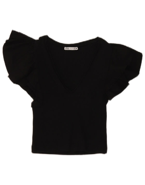 Zara Womens Crop Blouse Top UK 14 Grand Noir