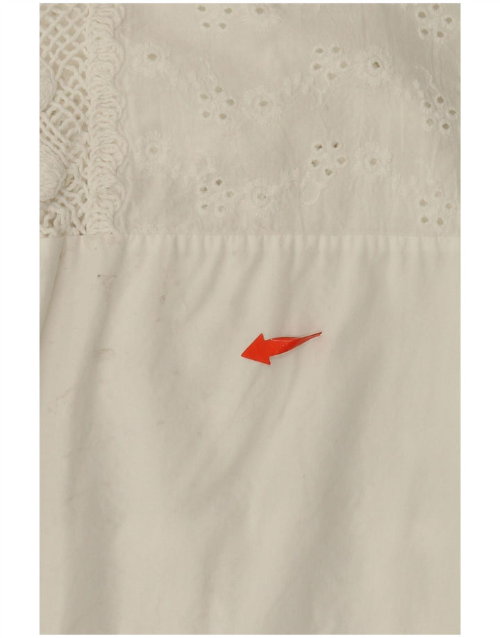 VINTAGE Femme 3/4 Manches Chemise Blouse UK 14 Moyen Blanc Floral Coton