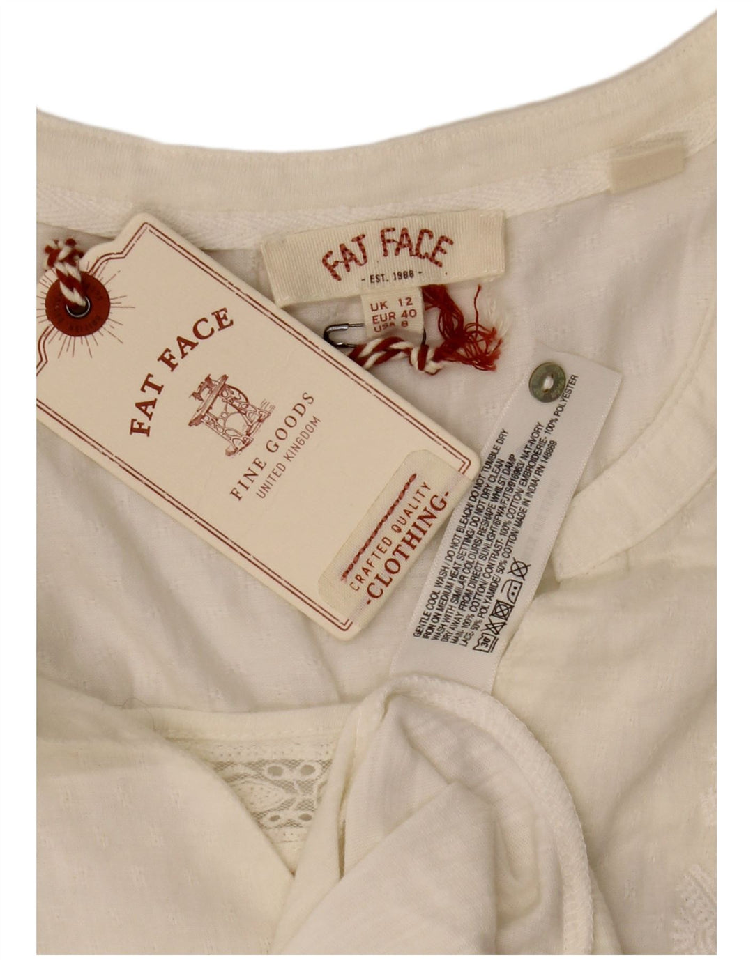 Fat Face Chemisier à manches 3/4 pour femme UK 12 en coton blanc moyen