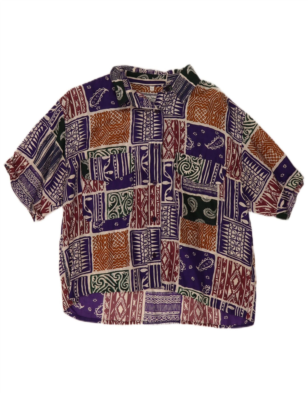 vintage Femme Chemise Blouse UK 16 Grand Patchwork Multicolore