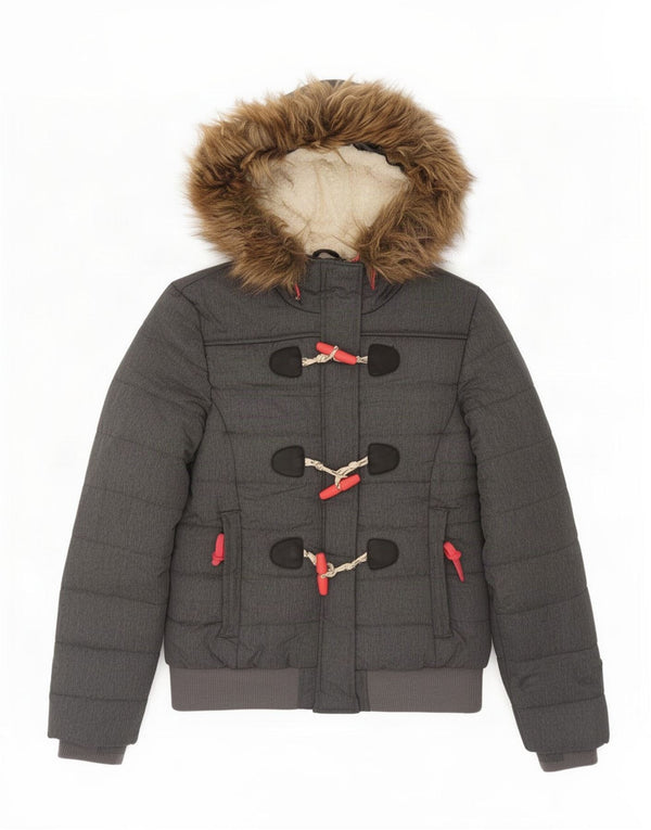 Superdry Veste Bomber À Capuche Rembourrée Pour Femme UK 14 Large Gris Polyester