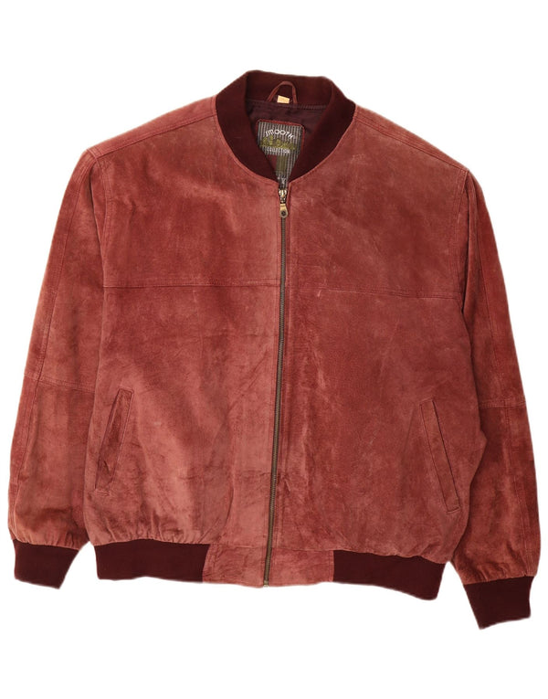 vintage Mens Suede Bomber Jacket IT 52 XL Bourgogne Colourblock Cuir