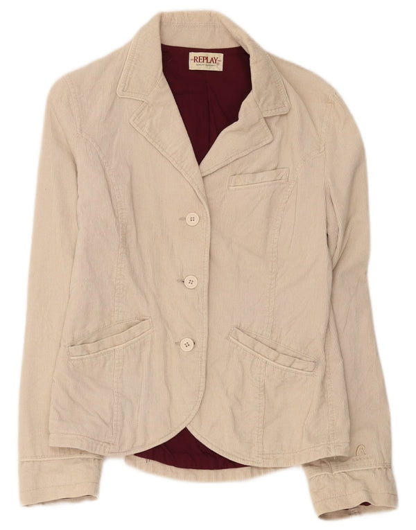 Replay Veste blazer en velours côtelé à 3 boutons pour femme UK 14 Large Beige Coton