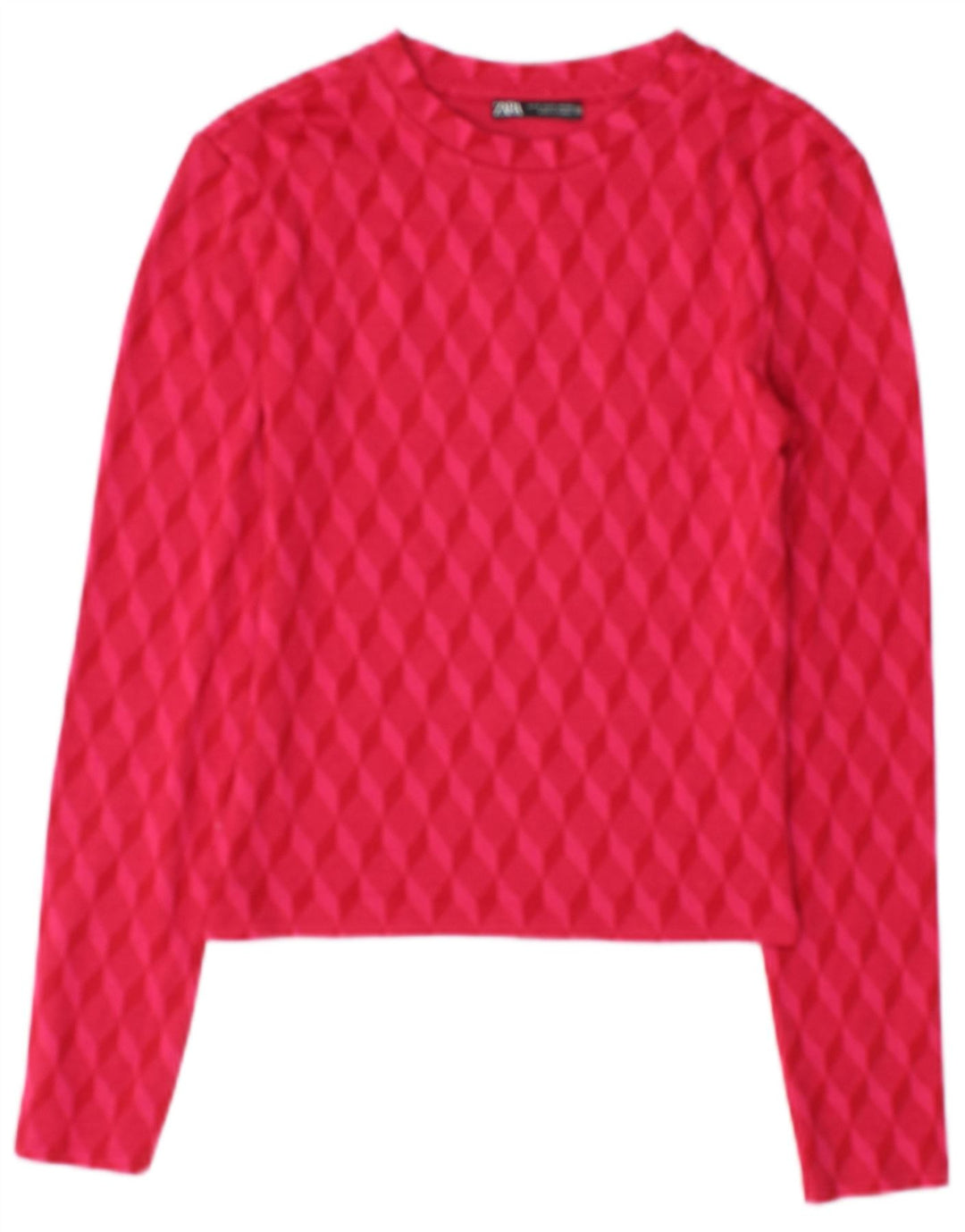 Zara Femme Crop Top Manches Longues UK 10 Petit Rose Géométrique Polyester