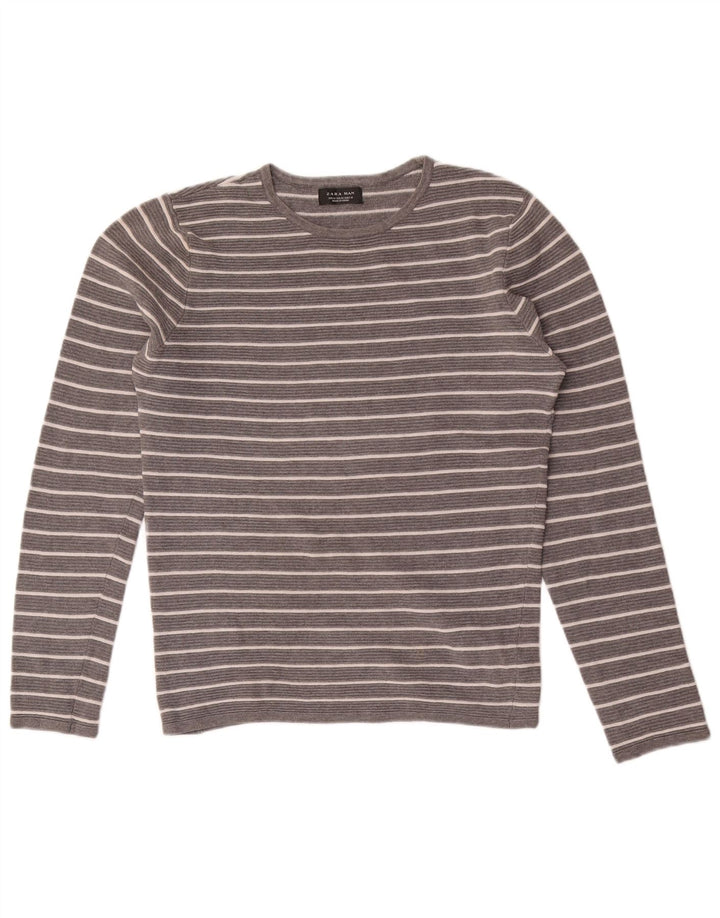 Zara Homme Top Manches Longues Gris Moyen Rayé Coton