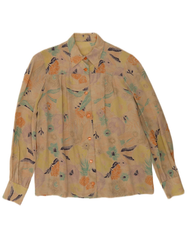 vintage Femme Chemise Blouse UK 16 Grand Jaune Floral