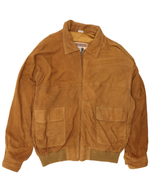 vintage Mens Suede Bomber Jacket IT 56 3XL Cuir Marron