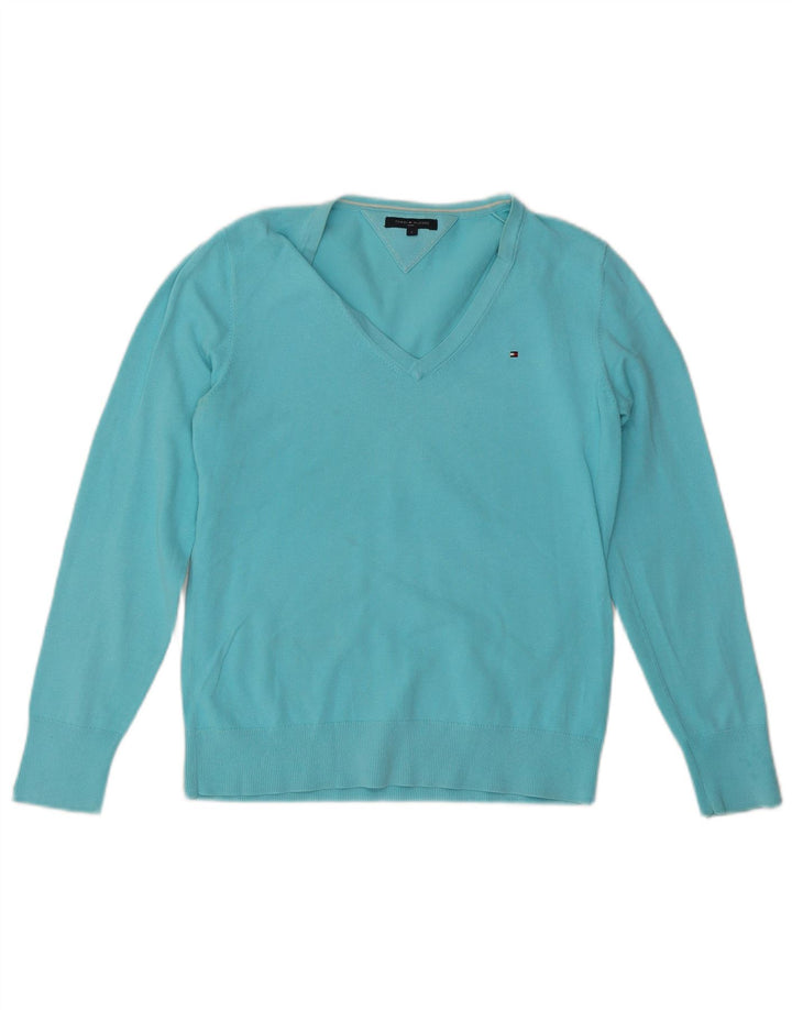TOMMY HILFIGER Pull col en V pour femme UK 14 Large Bleu Coton