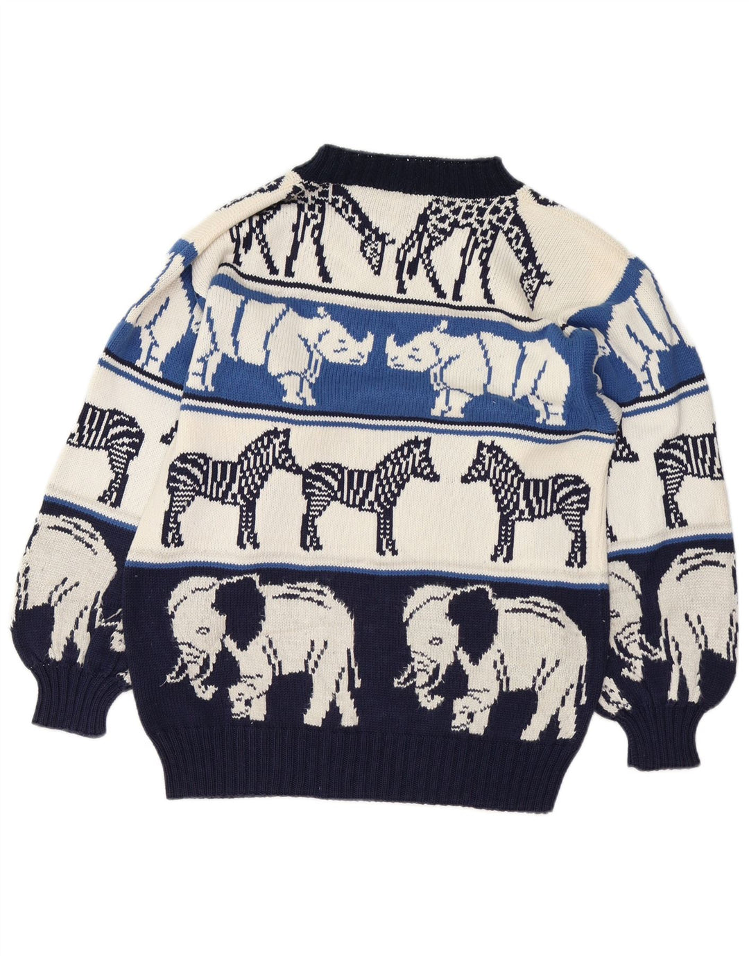 VINTAGE Femme Crew Neck Jumper Pull UK 18 XL Bleu Marine Imprimé Animal