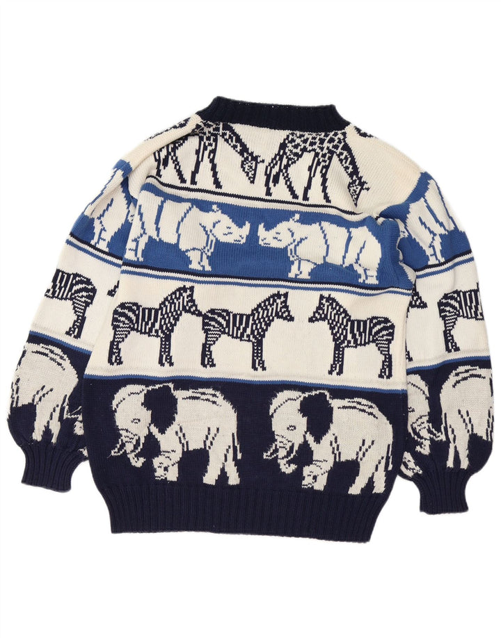 VINTAGE Femme Crew Neck Jumper Pull UK 18 XL Bleu Marine Imprimé Animal