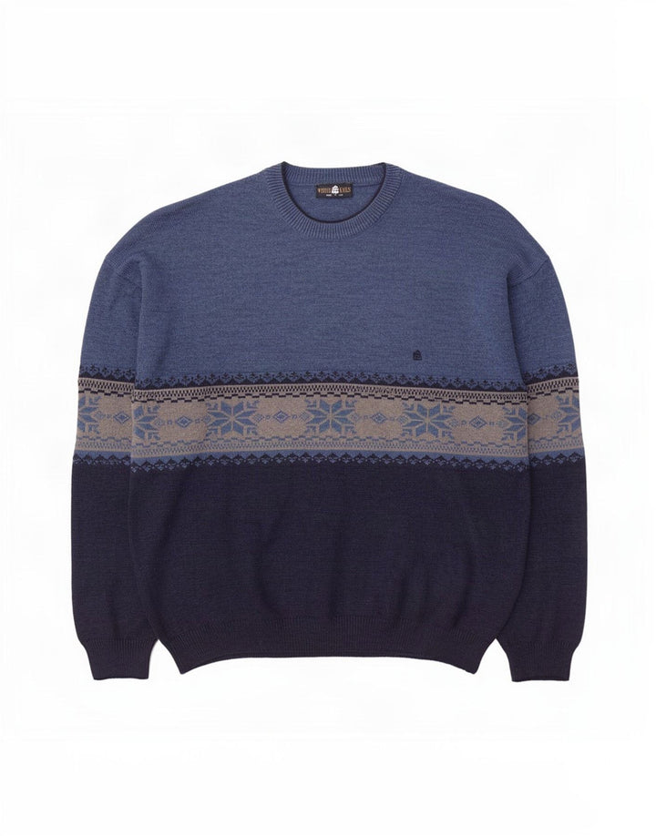 White Sails Pull à col rond pour homme en laine Fair Isle bleue