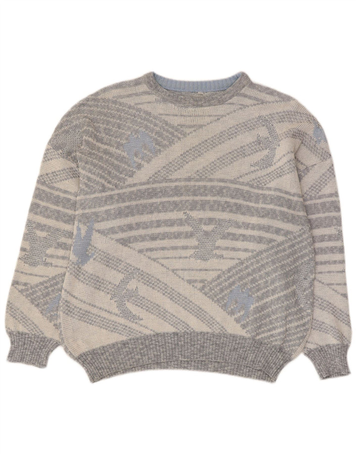 vintage Mens Crew Neck Jumper Sweater IT 50 Moyen Gris Géométrique