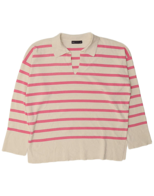 Marks & Spencer Pull à col polo pour femme UK 14 Large Blanc Rayé