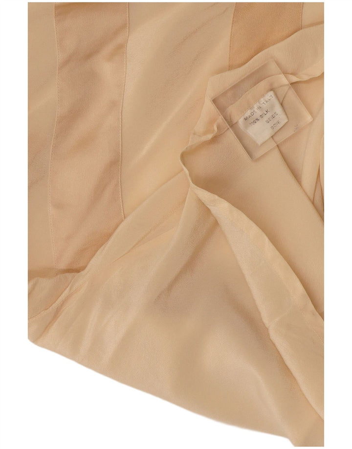 vintage Femme Manches Longues Blouse Top UK 14 Grande Soie Géométrique Beige