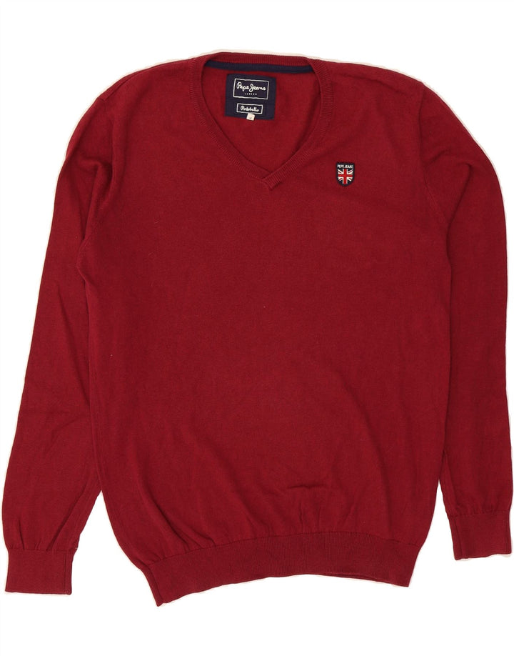 PEPE JEANS Mens V-Neck Jumper Sweater Large Red Cotton Vintage PEPE Jeans and Second-Hand PEPE Jeans from Messina Hembry 