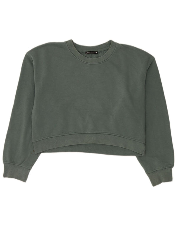 Zara Womens Crop Oversize Sweatshirt Jumper UK 14 Moyen Vert Coton