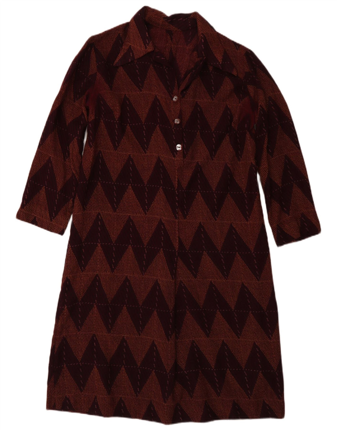 vintage Femmes 3/4 Manches Robe Basique UK 12 Chevron Bordeaux Moyen