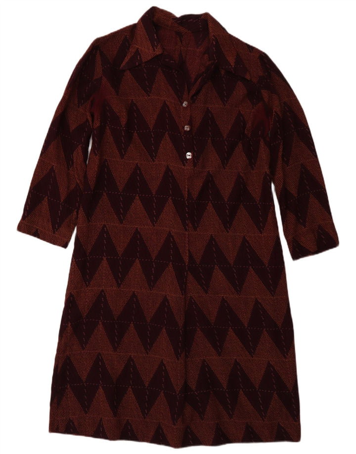 vintage Femmes 3/4 Manches Robe Basique UK 12 Chevron Bordeaux Moyen