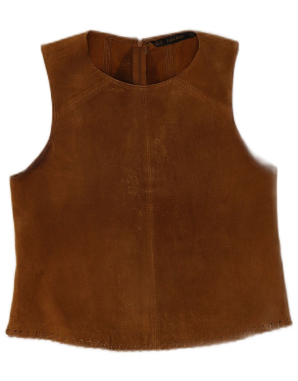 Zara Womens Blouse sans manches en daim Top UK 6 XS Cuir Beige
