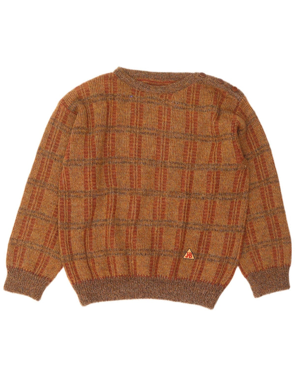 vintage Mens Boat Neck Jumper Pull Grand Marron Check Acrylique