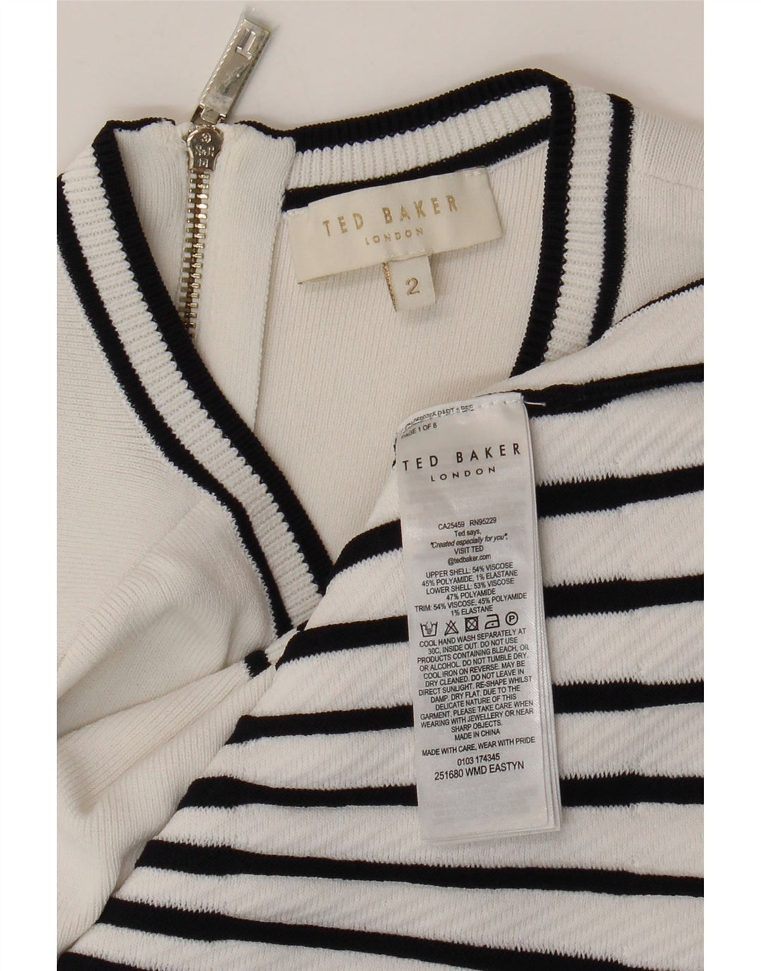 Ted Baker Robe sirène sans manches pour femme Taille 2 Petit Rayé Blanc