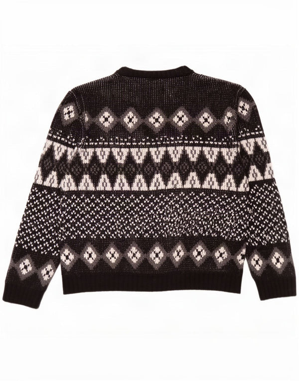 vintage Mens Crew Neck Jumper Pull IT 52/54 Grand Noir Fair Isle