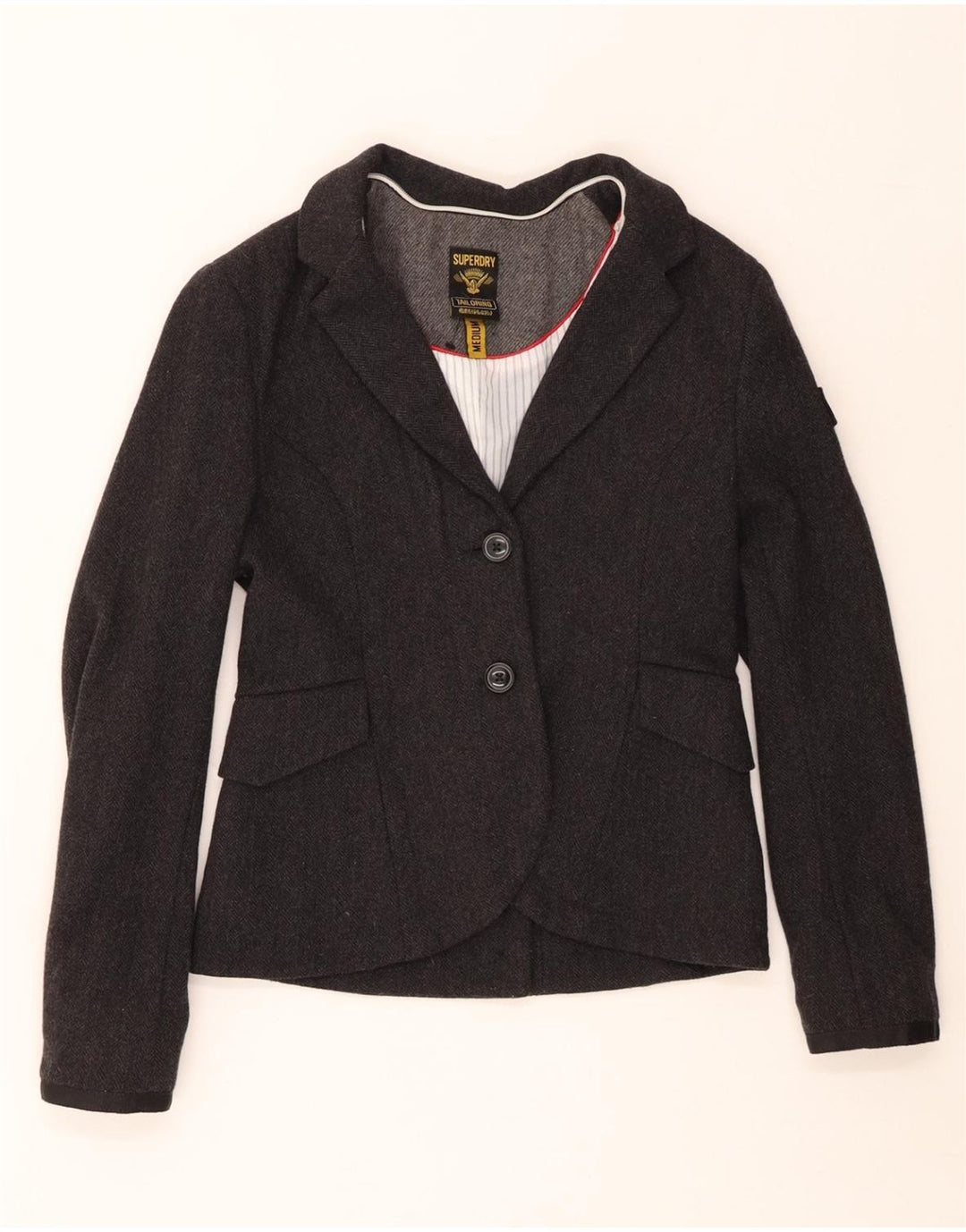 SUPERDRY Veste Blazer 2 Boutons Femme UK 12 Laine à Chevrons Gris Moyen