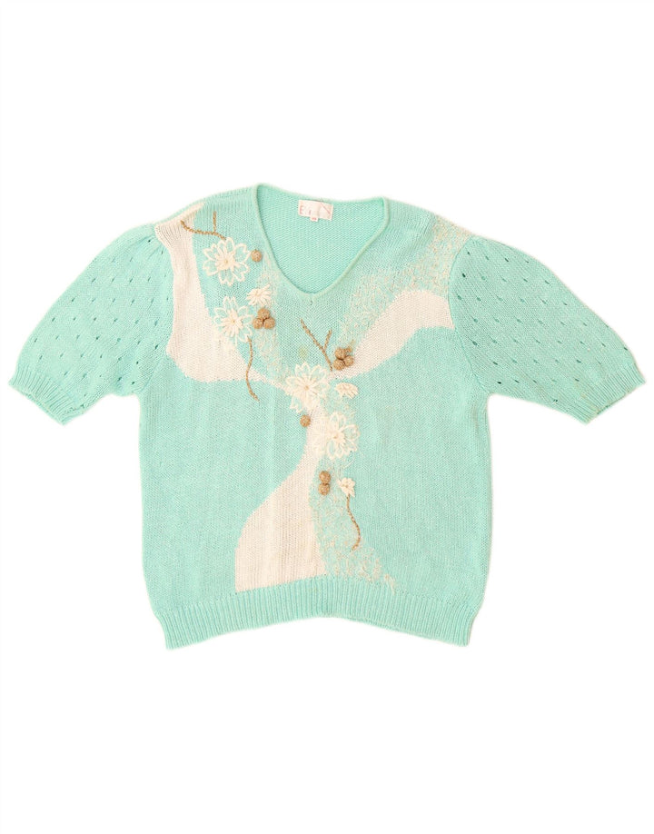 vintage Femme Col V Pull Pull IT 44 Moyen Turquoise Polyacrylique