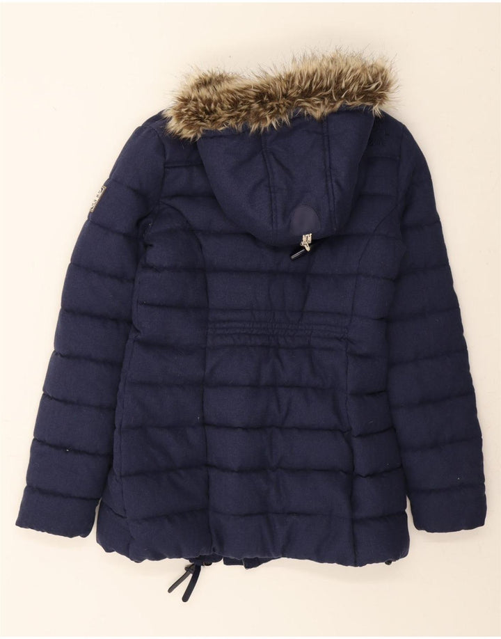SUPERDRY Womens Hooded Duffle Padded Jacket UK 10 Small Navy Blue Vintage Superdry and Second-Hand Superdry from Messina Hembry 