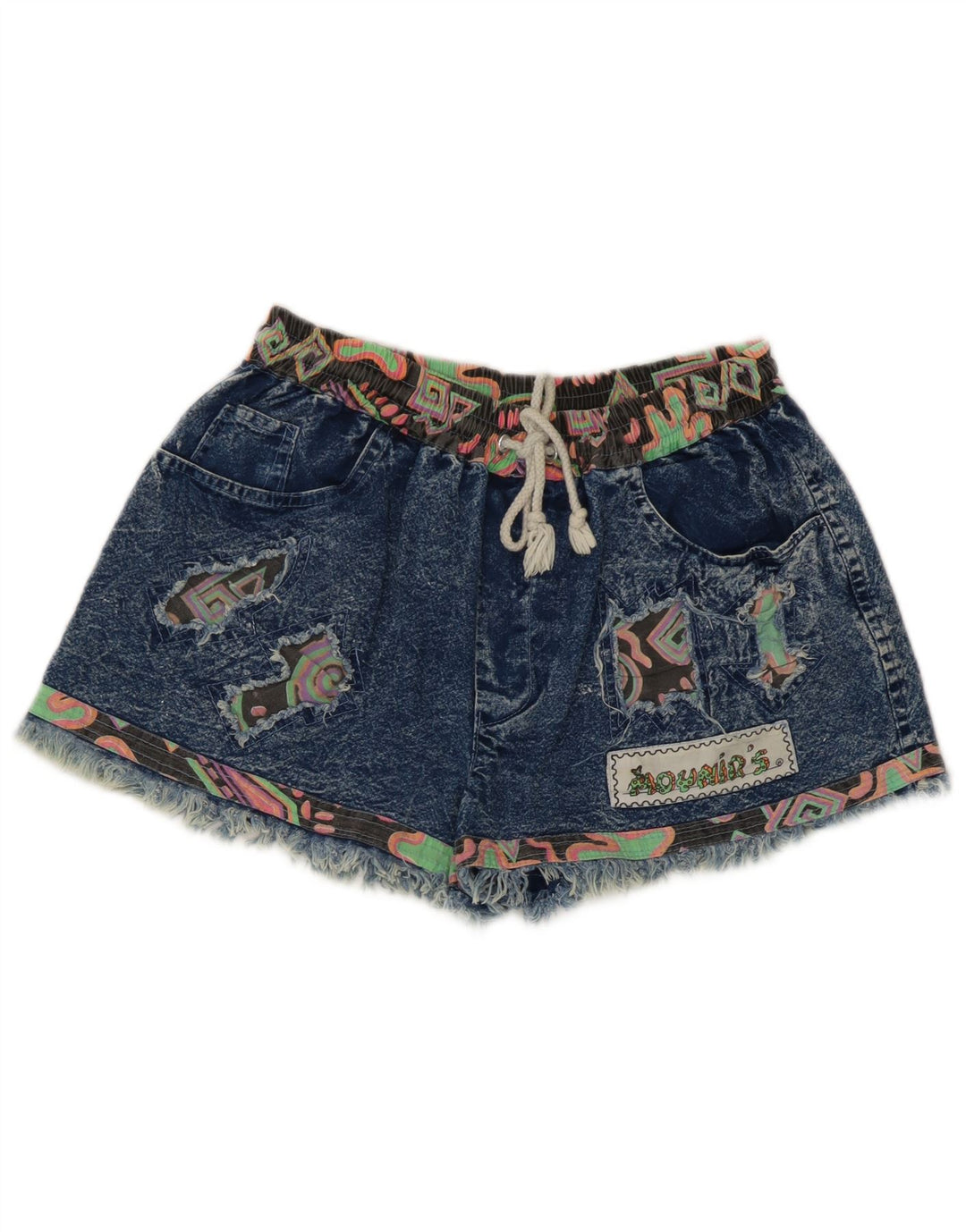 vintage Femme Denim Shorts Moyen W28 Bleu Patchwork