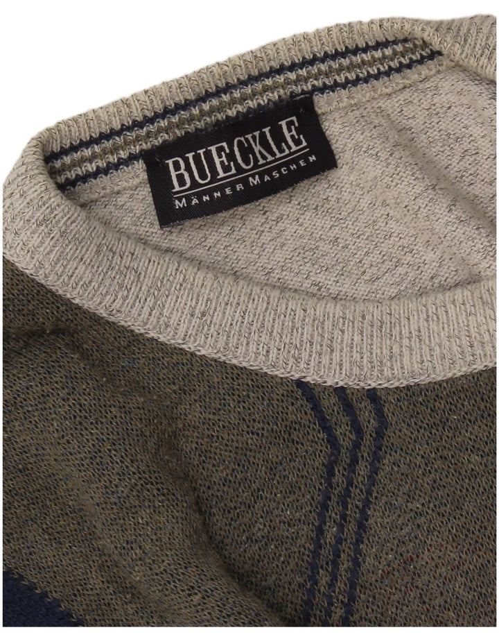 vintage Mens Crew Neck Jumper Pull Grand Gris Colorblock