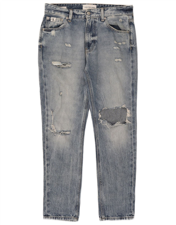CALVIN KLEIN Femme Jean Slim Effet Déchiré W28 L28 Bleu Coton