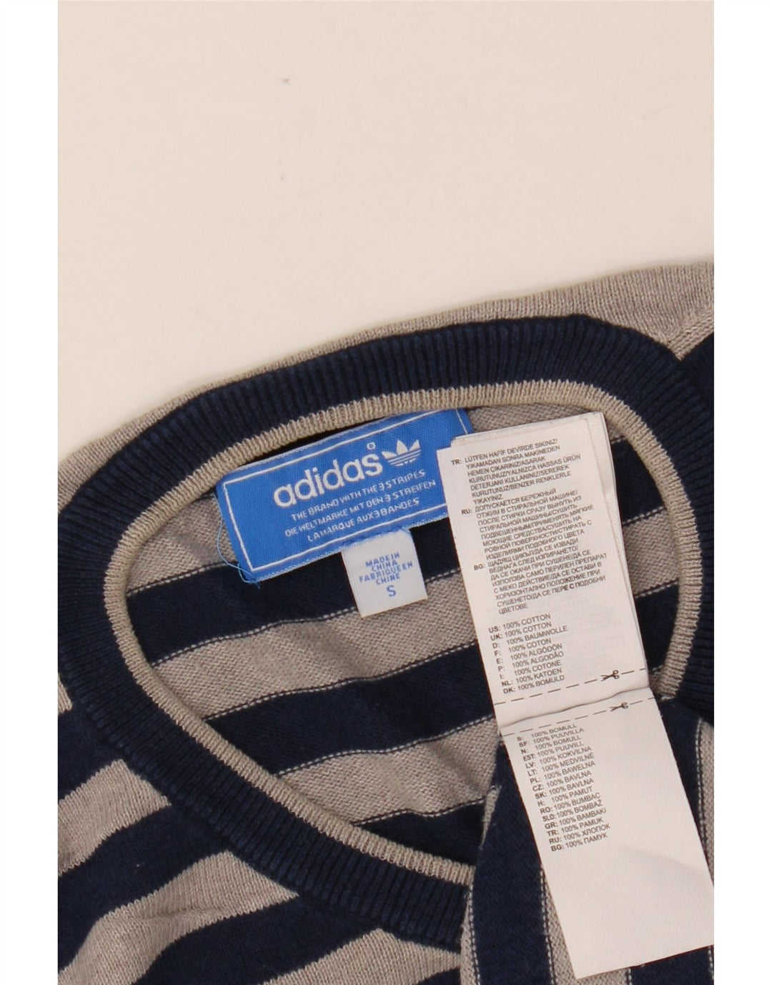 ADIDAS Pull à col en V pour homme Petit coton rayé bleu marine