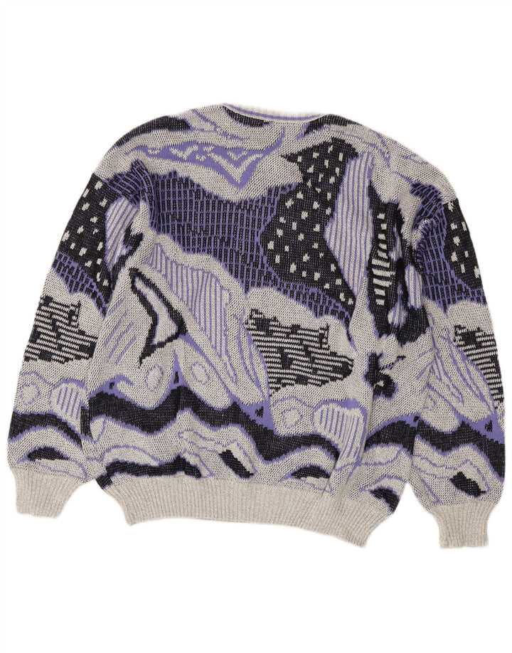 VINTAGE Femmes Motif Abstrait Ras du Cou Pull Pull UK 20 2XL Gris